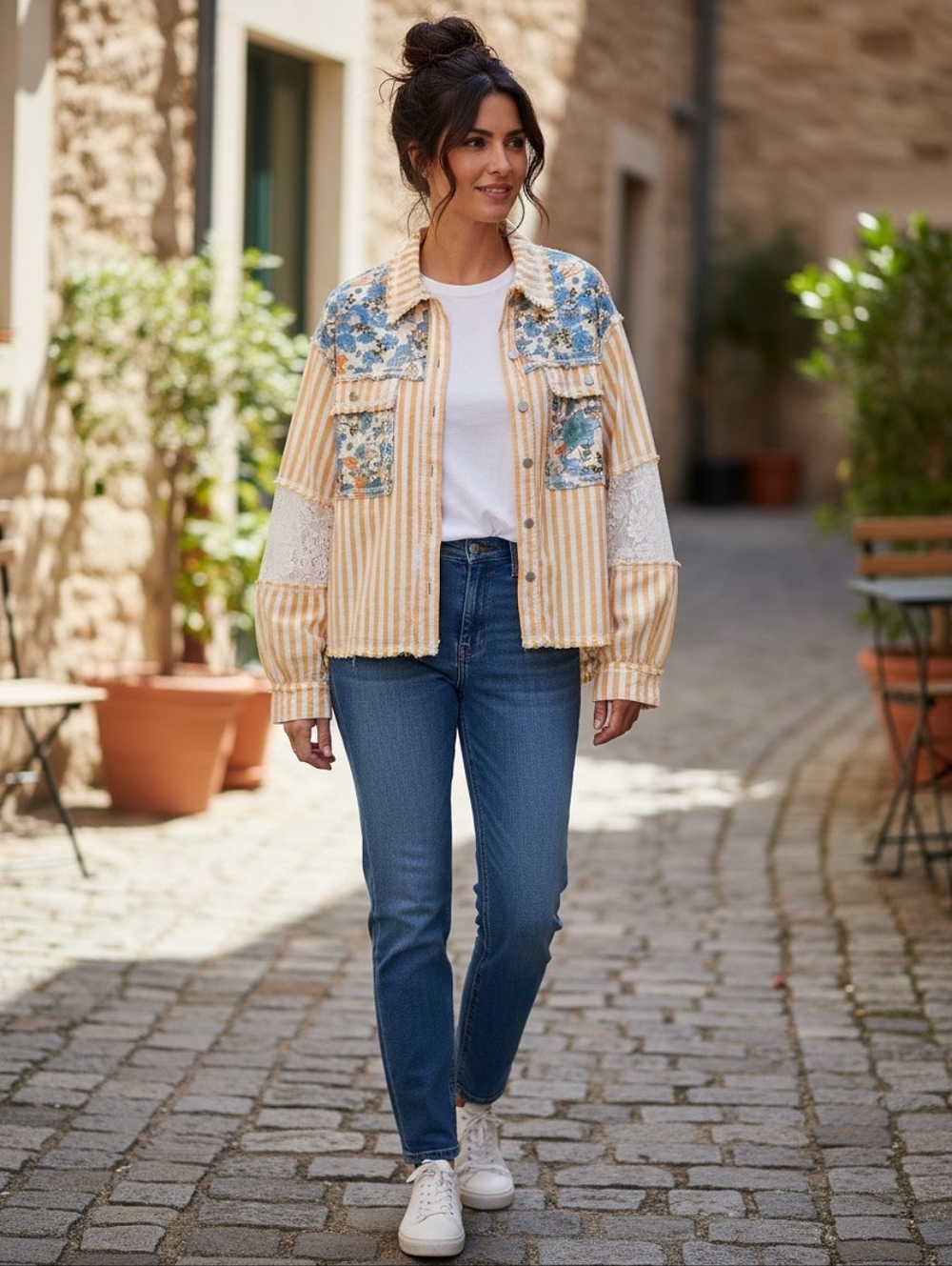 POL Yellow Stripe Blue Floral Boho Cottagecore Patchwork Shacket Top with Lace - Picture 4 of 11